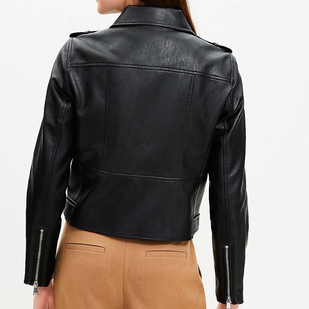 NWT LOFT Woman’s XS Black Leather Moto Asymmetrical Neckline Zip-Up Jacket - Picture 3 of 10